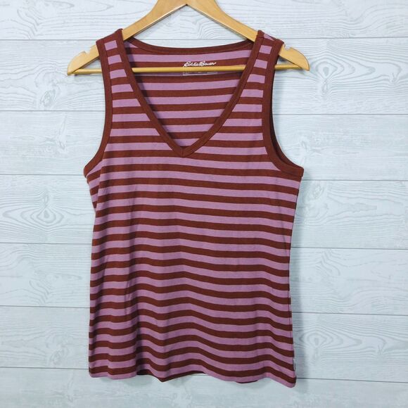 Eddie Bauer Women's Striped V Neck Tank Top Pink Brown Cotton Blend Size Large - Picture 1 of 5